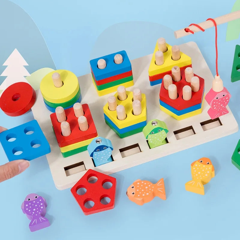 Wooden Montessori 6 Shapes Sorter With Fishing Game