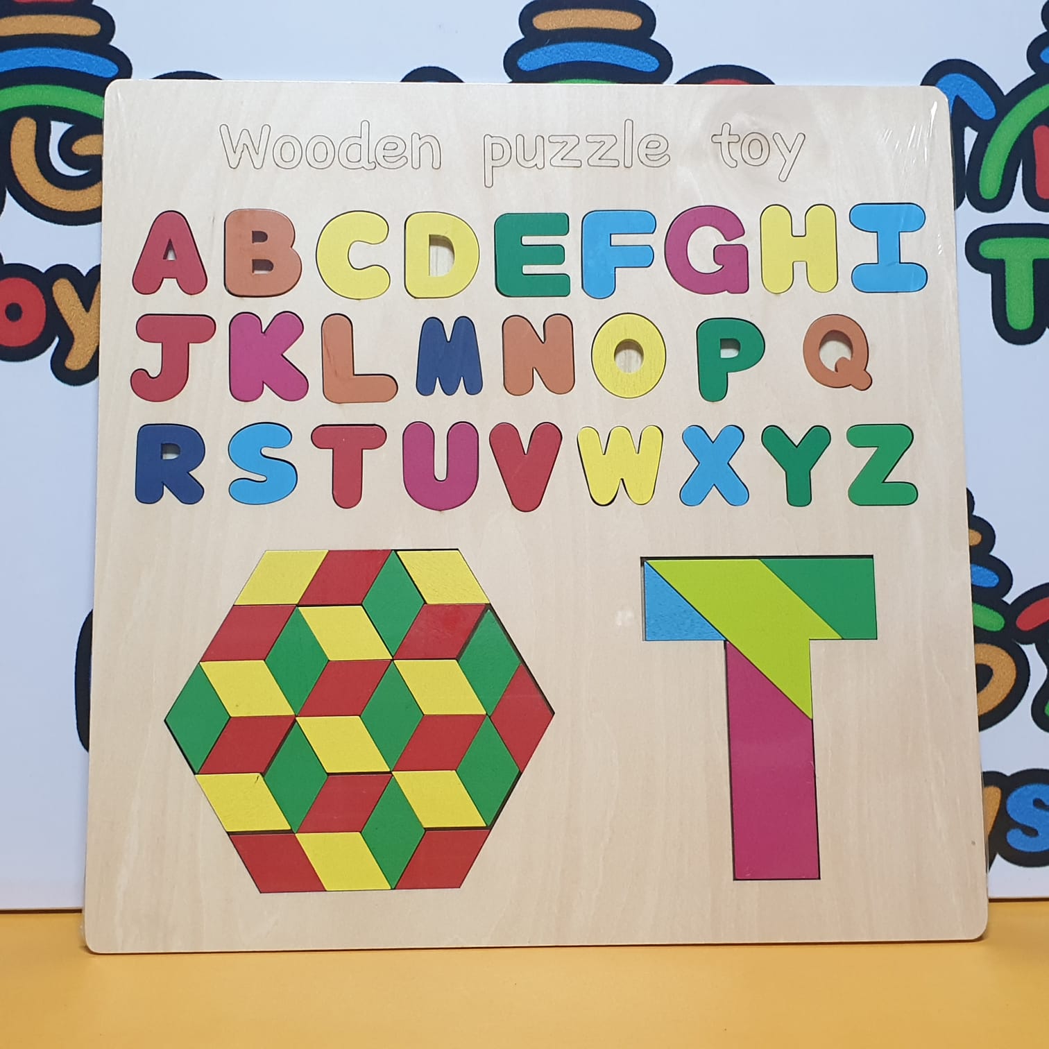 Wooden Alphabet & Tangram Sorting Activity Board