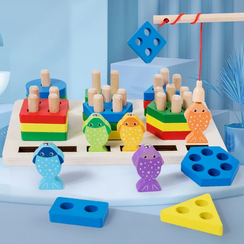 Wooden Montessori 6 Shapes Sorter With Fishing Game