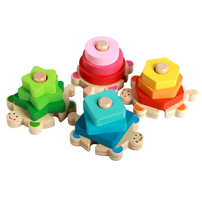 Wooden Turtle Pillar Geometric Shapes Sorting Montessori Set