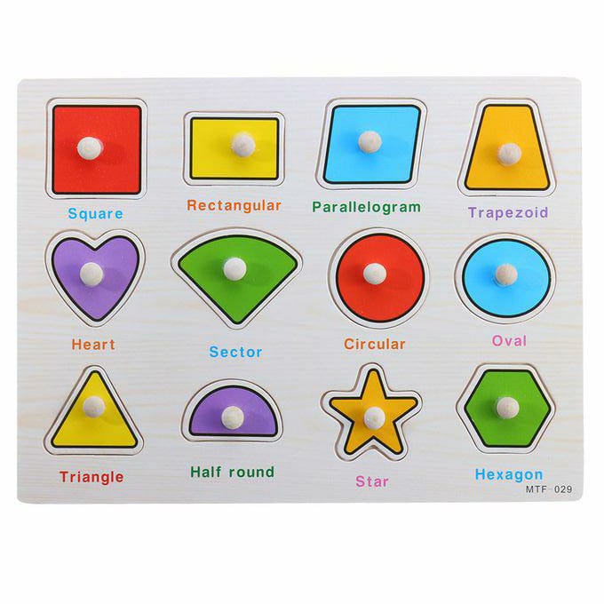 Wooden 12 Shapes Puzzle Knob Board-W