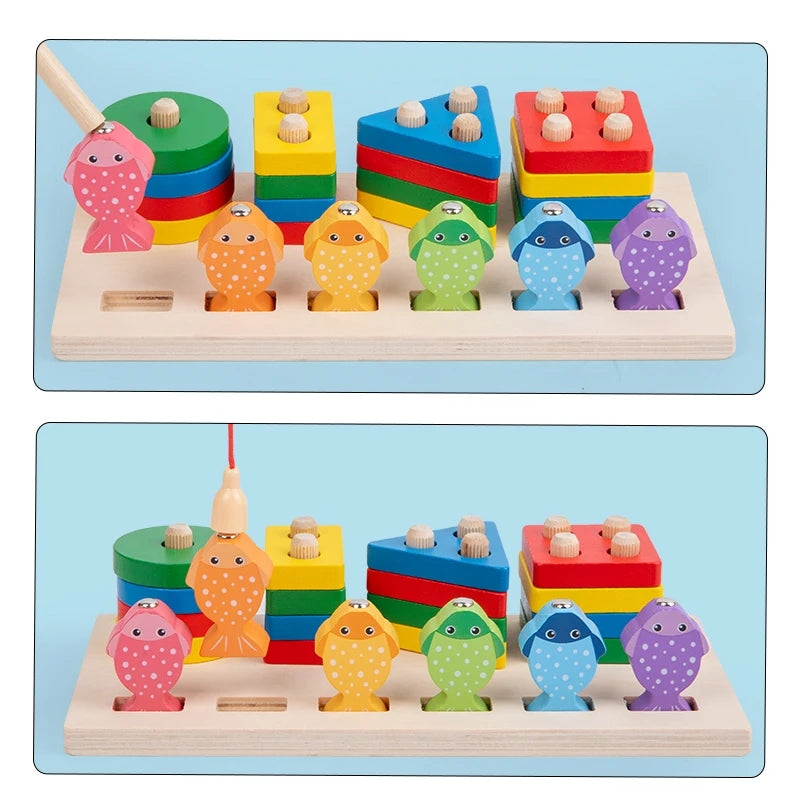 Wooden 2in1 Educational Fishing & Stacking Shapes Sorter Game