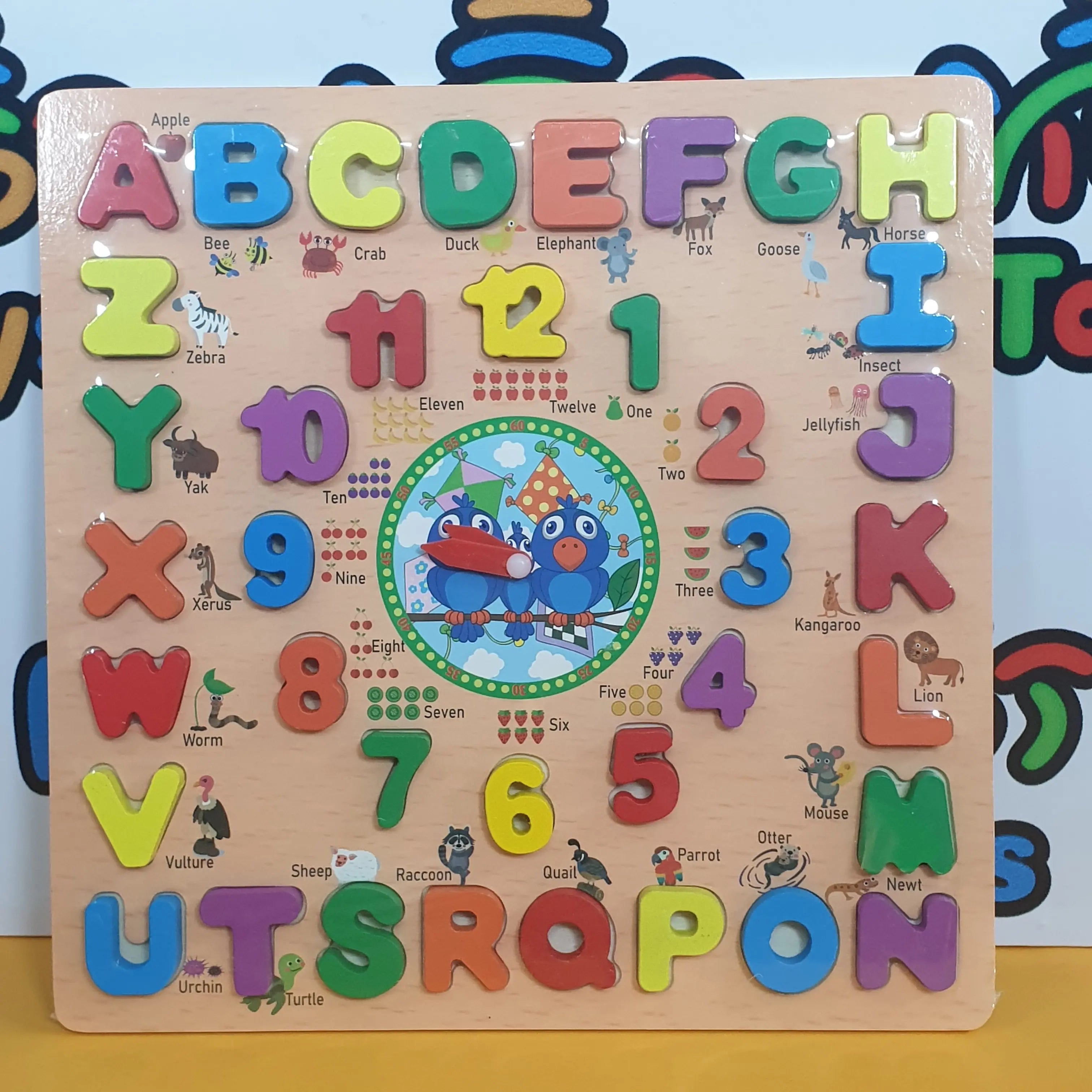 Wooden 3D Alphabets & Numbers Sorting Board With Clock