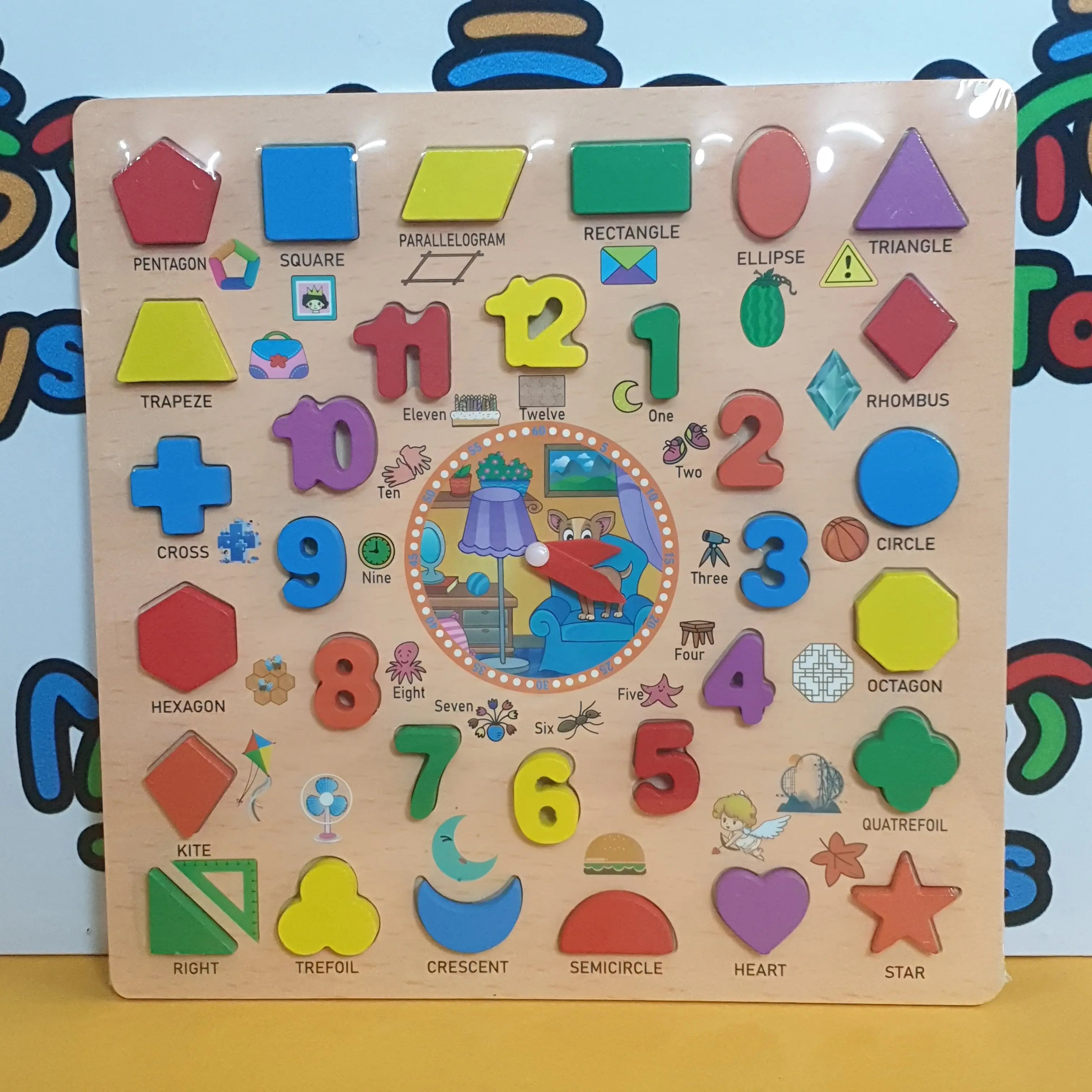 Wooden 3D Shapes & Numbers Sorting Board With Clock