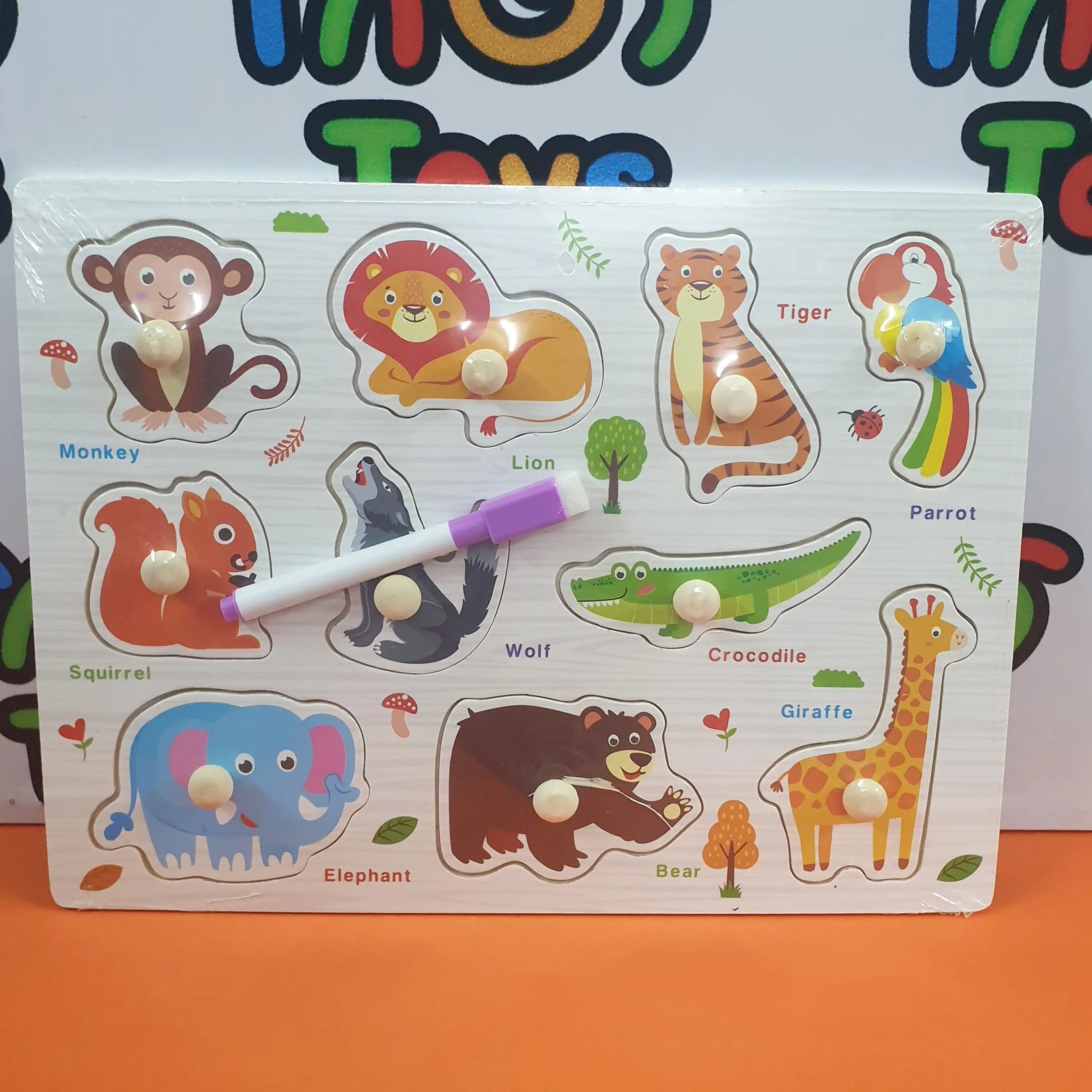 Wooden 2in1 Wild Animals Knob Sorting & Drawing Board