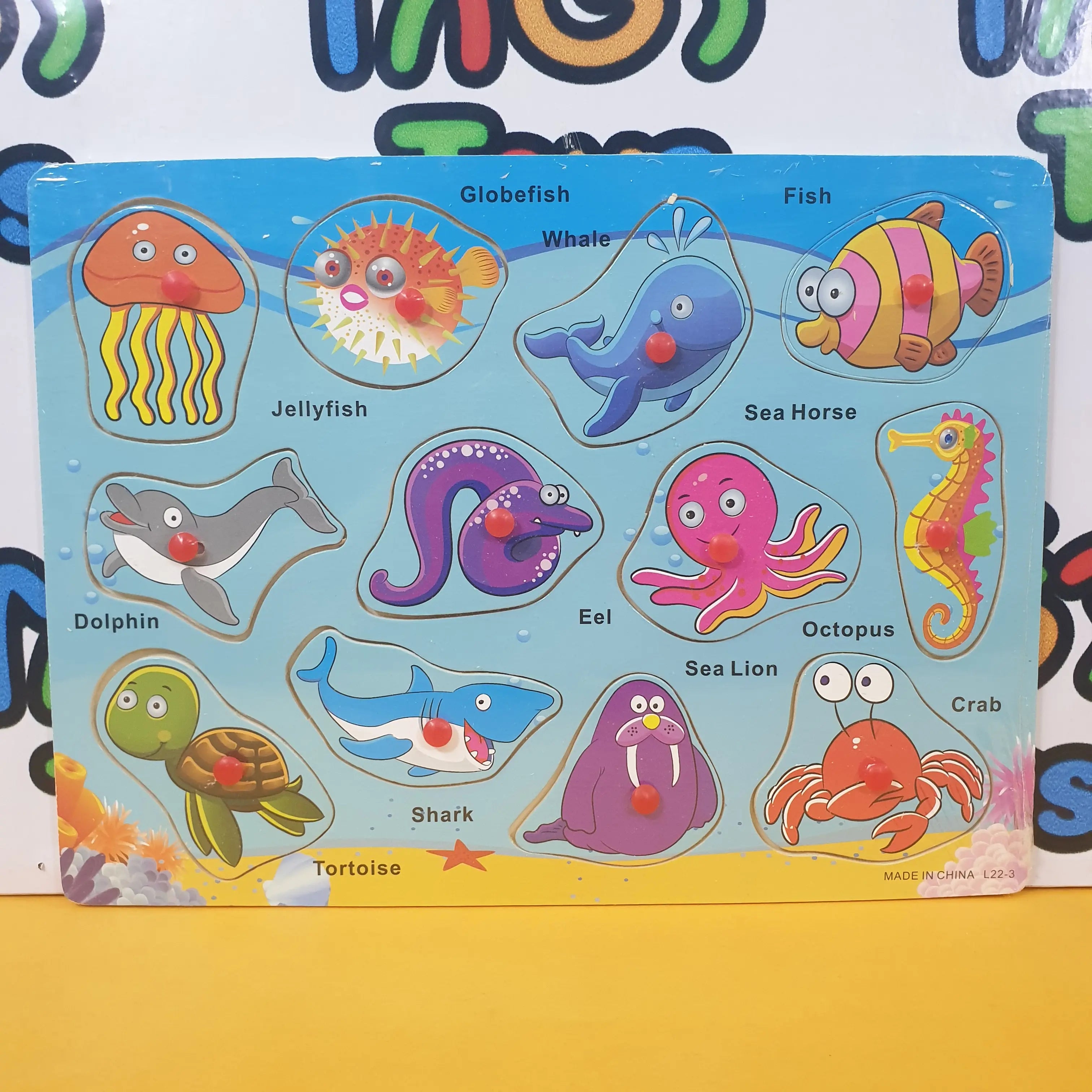 Wooden Sea Animals With Names Peg Puzzle Pin Board