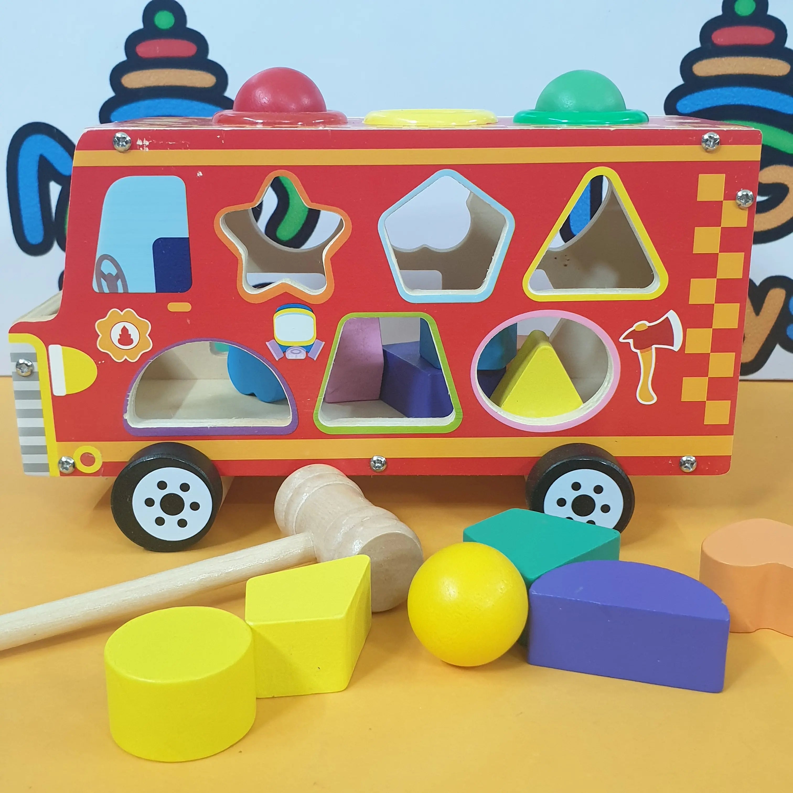 Wooden Knock The Ball With Hammer Multicolor Shapes Sorting Truck Wooden Knock The Ball With Hammer Multicolor Shapes Sorting Truck