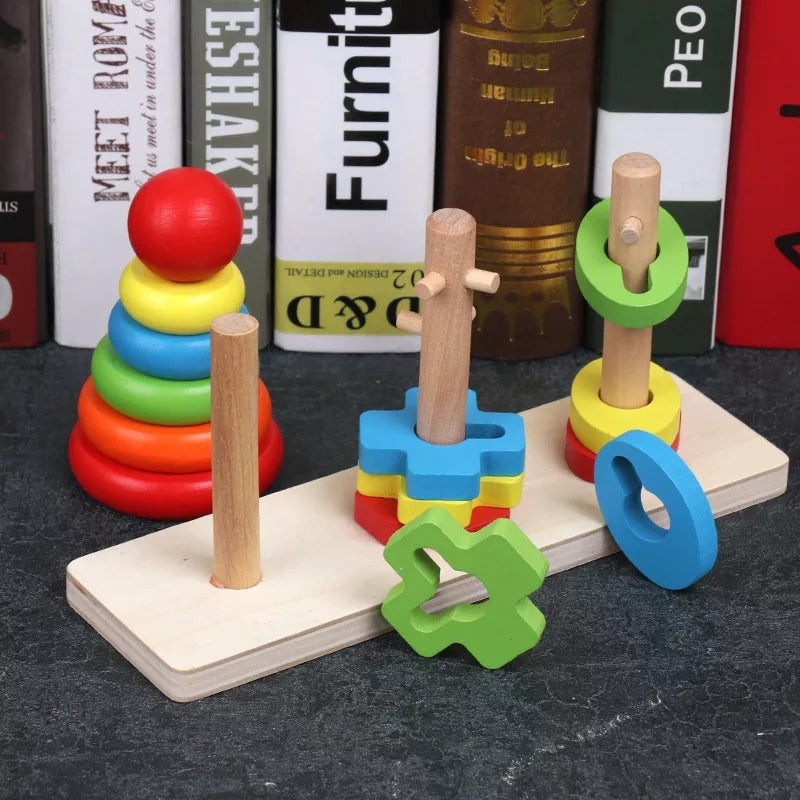 Wooden Montessori Three Column Shapes & Ring Tower