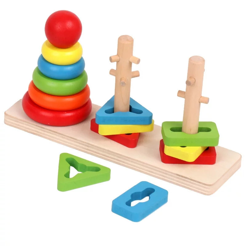 Wooden Montessori Three Column Shapes & Ring Tower