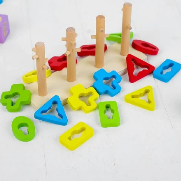 Wooden Four Set Of Geometric Shapes Sorting Columns