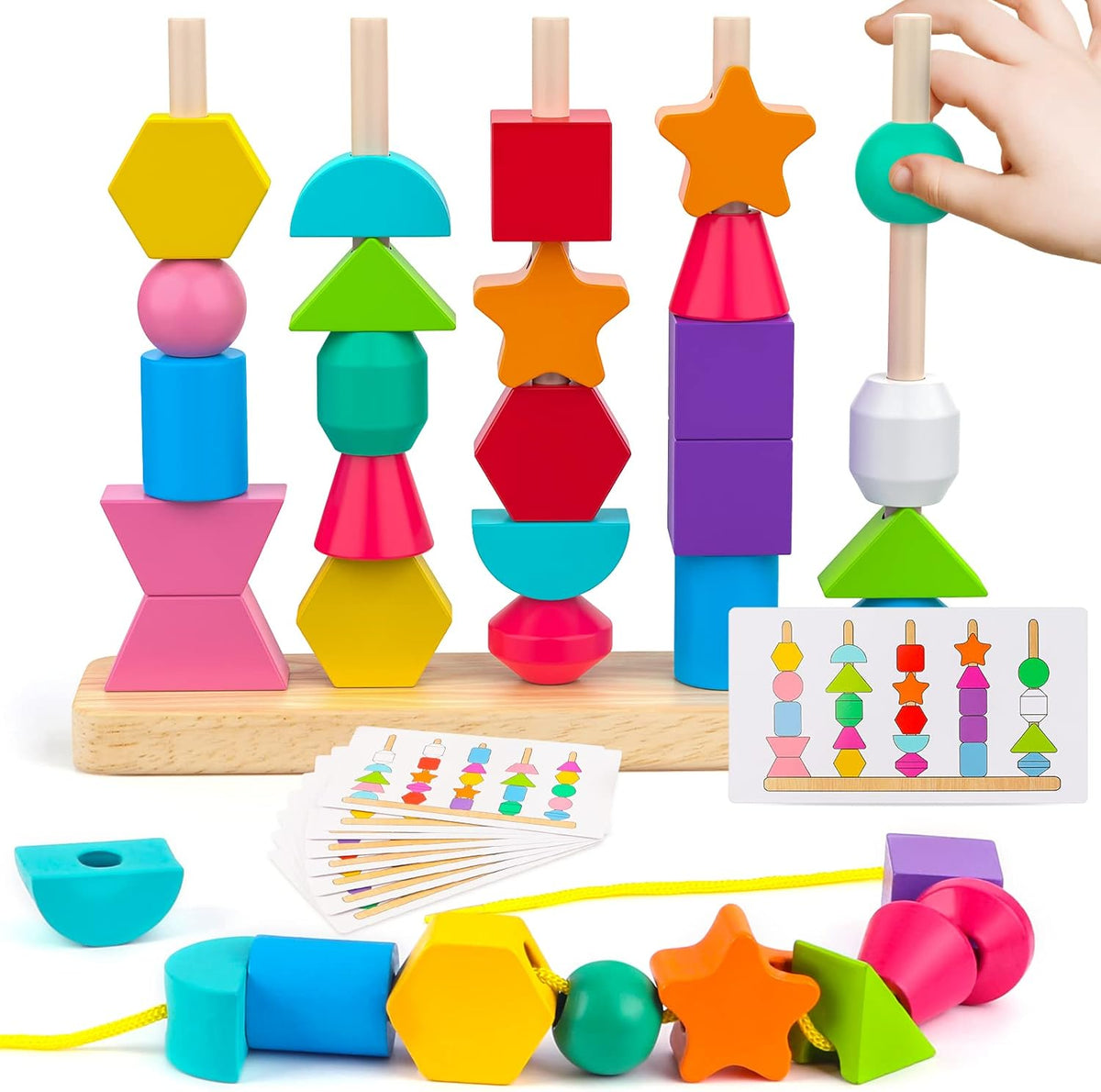 Shape Toys With Rails Wooden 5 Column Shapes & Beads Sequencing & Lacing Toy Set – MGT Toys