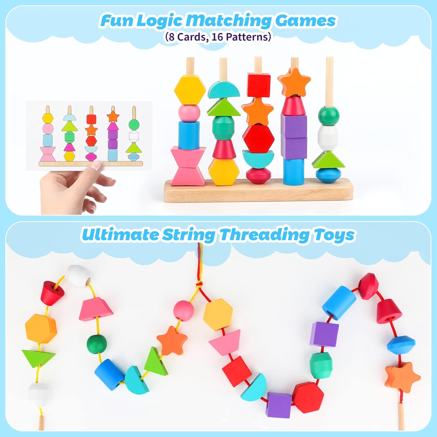 Wooden 5 Column Shapes & Beads Sequencing & Lacing Toy Set – MGT Toys