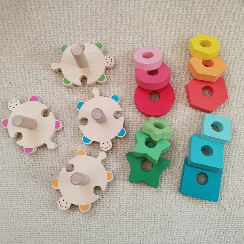 Wooden Turtle Pillar Geometric Shapes Sorting Montessori Set
