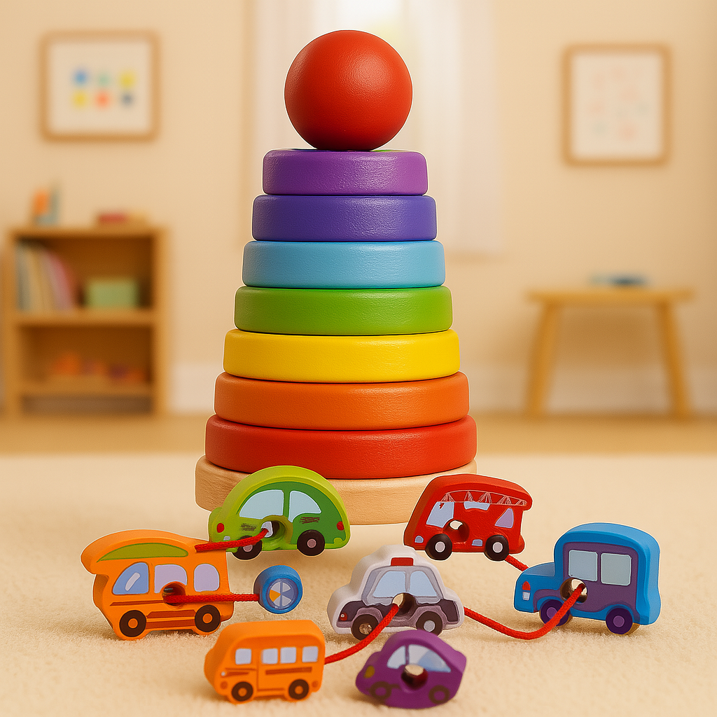 Wooden Montessori Stacking Ring Tower With Lacing Activity