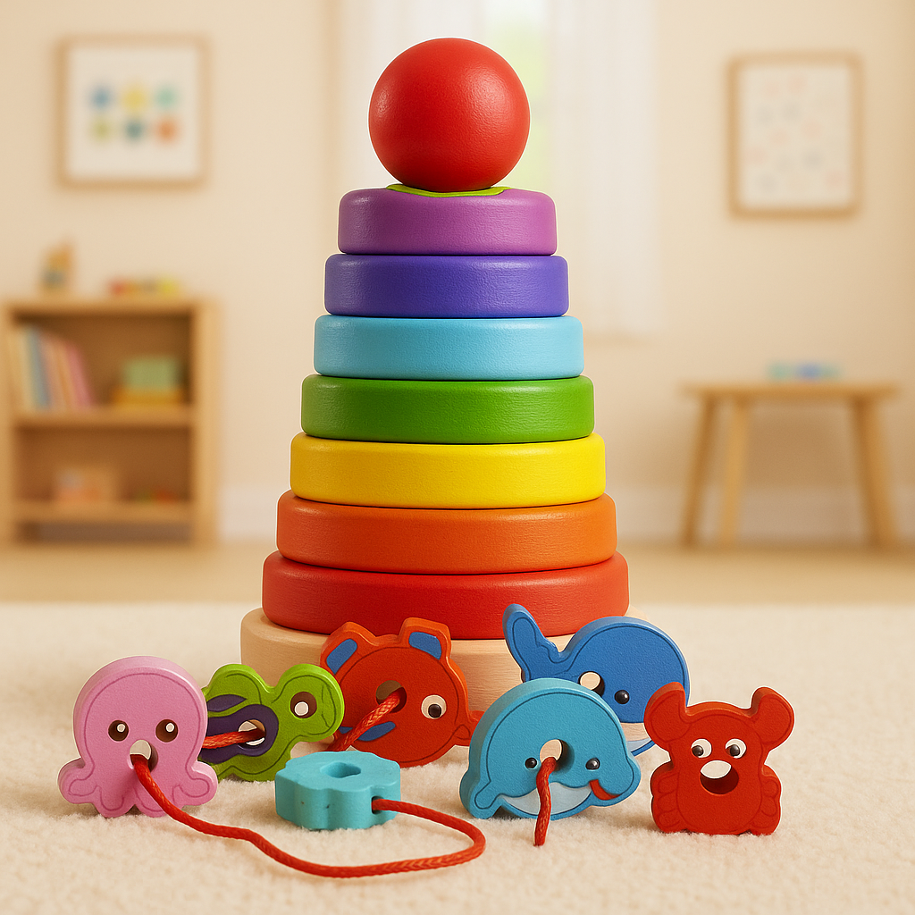 Wooden Montessori Stacking Ring Tower With Lacing Activity