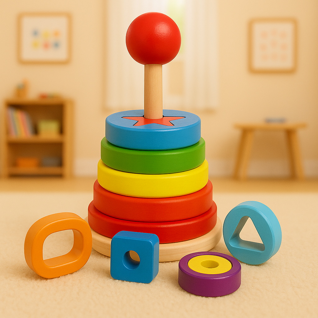 Wooden Montessori Stacking Ring Tower With Lacing Activity