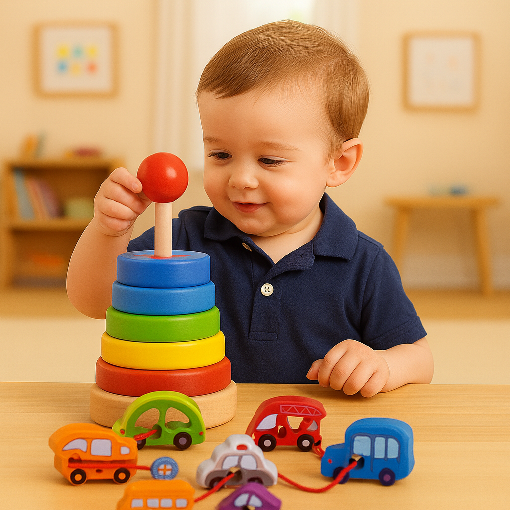 Wooden Montessori Stacking Ring Tower With Lacing Activity