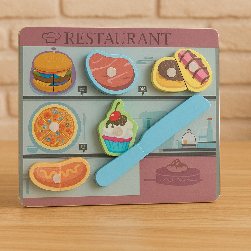 Wooden 3D Fast Food Cutting Puzzle Sorting Board