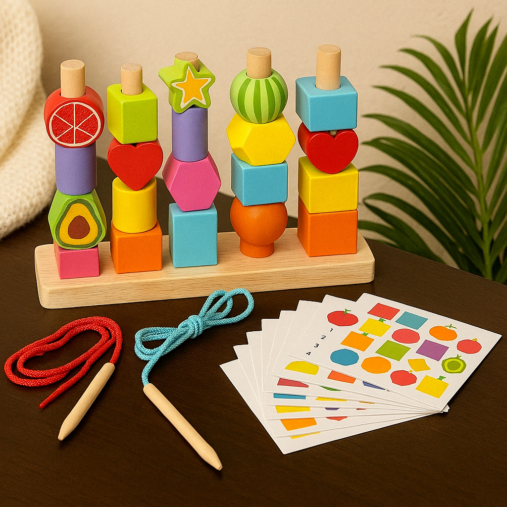Wooden Colorful Montessori Lacing & Sorting Shapes & Fruits Set