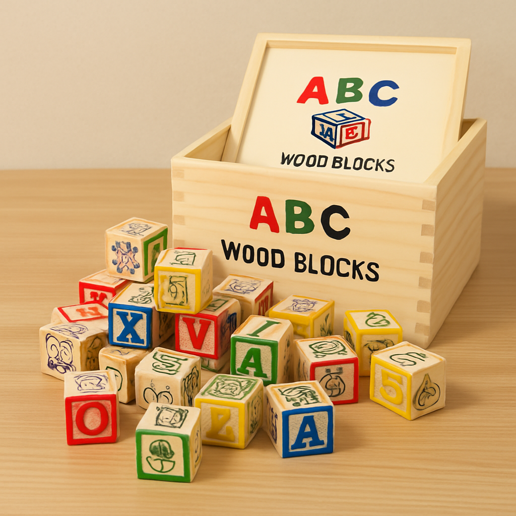 Wooden Alphabet & Numbers Cubes Building Blocks With Different Patterns