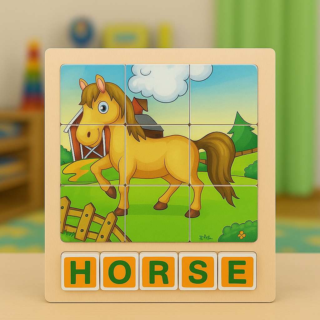Wooden Montessori Animal Puzzle with Spelling Blocks