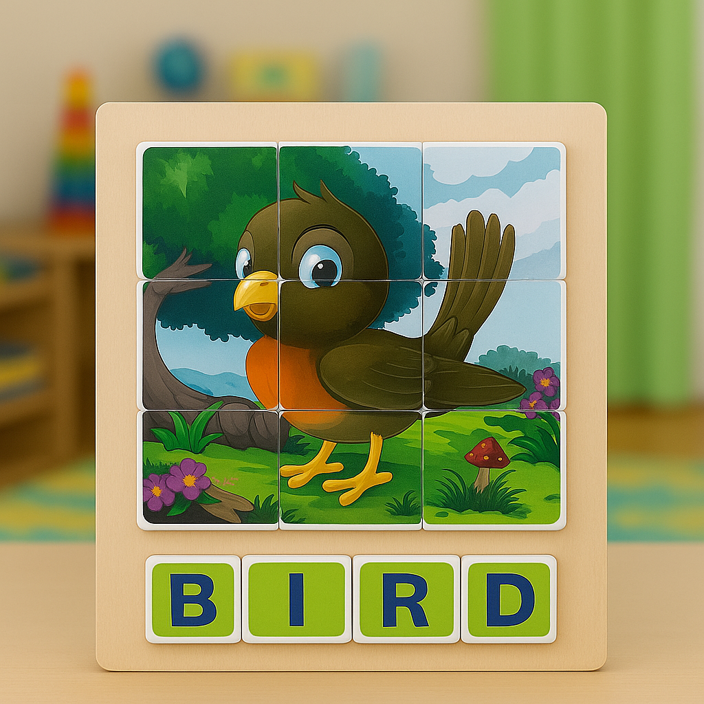 Wooden Montessori Animal Puzzle with Spelling Blocks