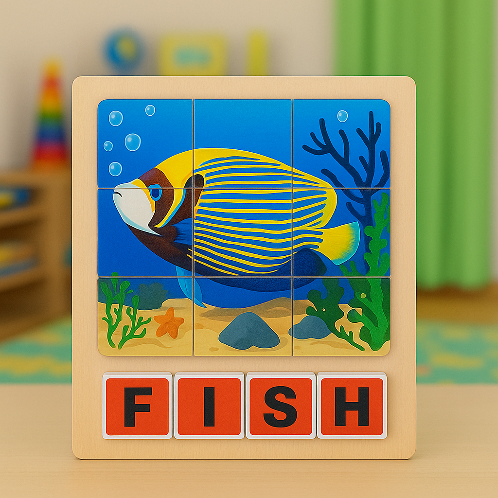 Wooden Montessori Animal Puzzle with Spelling Blocks