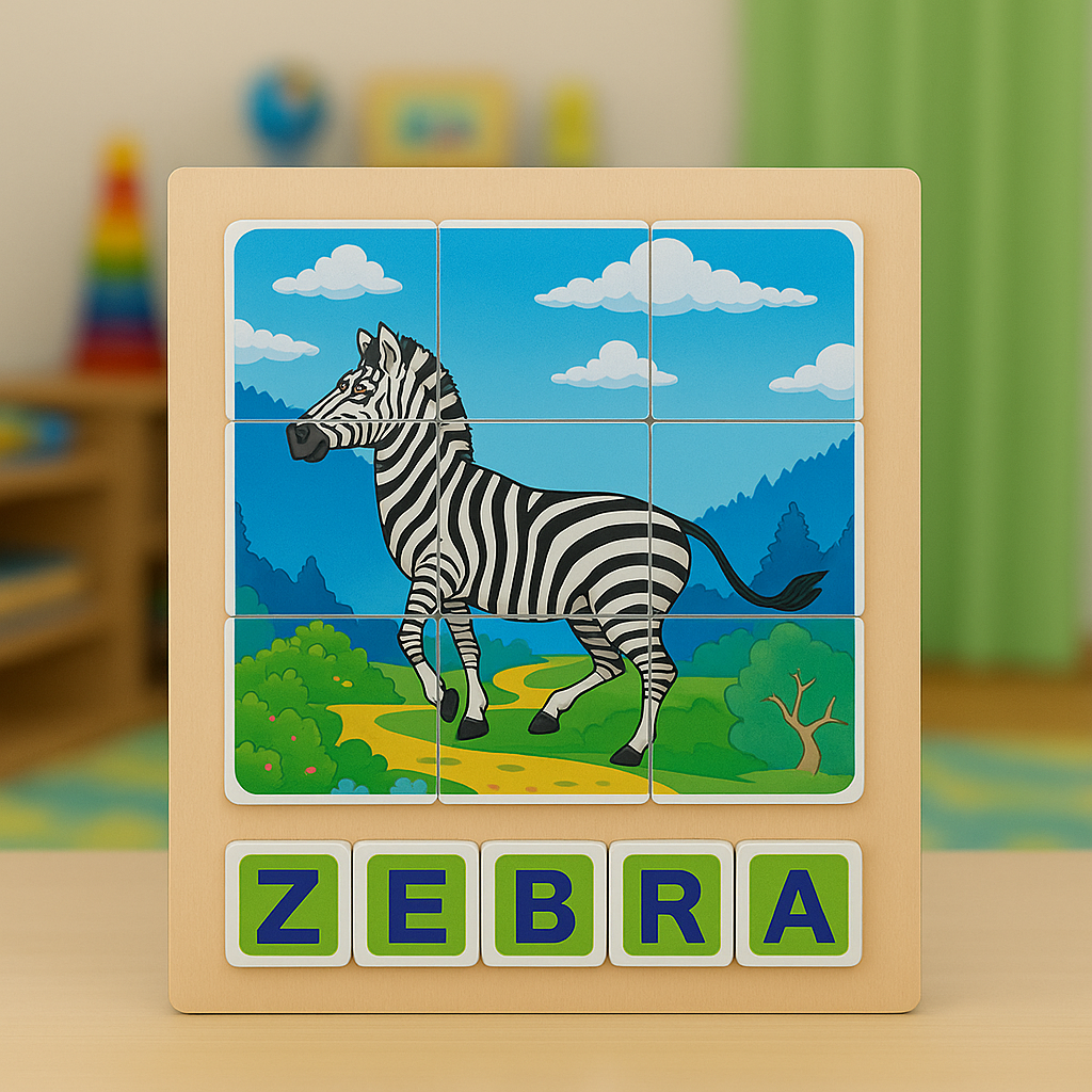 Wooden Montessori Animal Puzzle with Spelling Blocks
