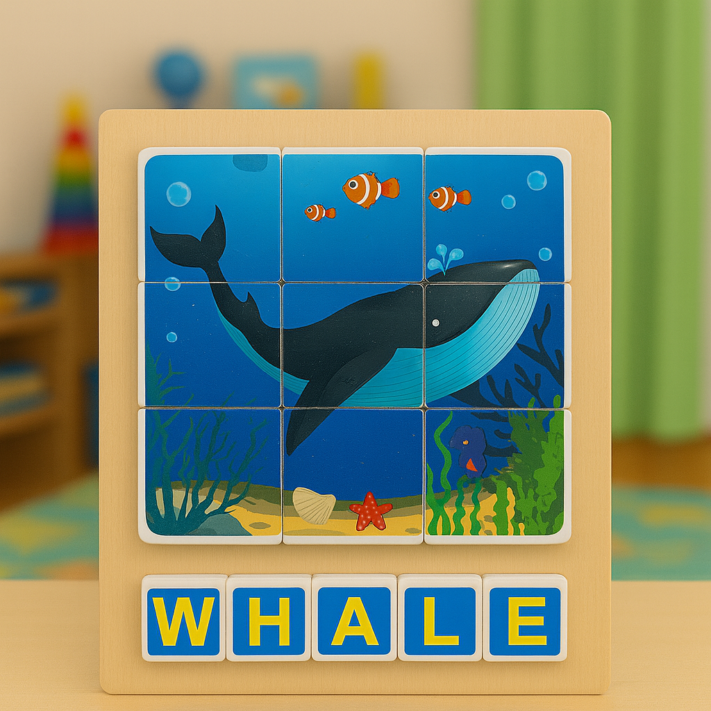 Wooden Montessori Animal Puzzle with Spelling Blocks