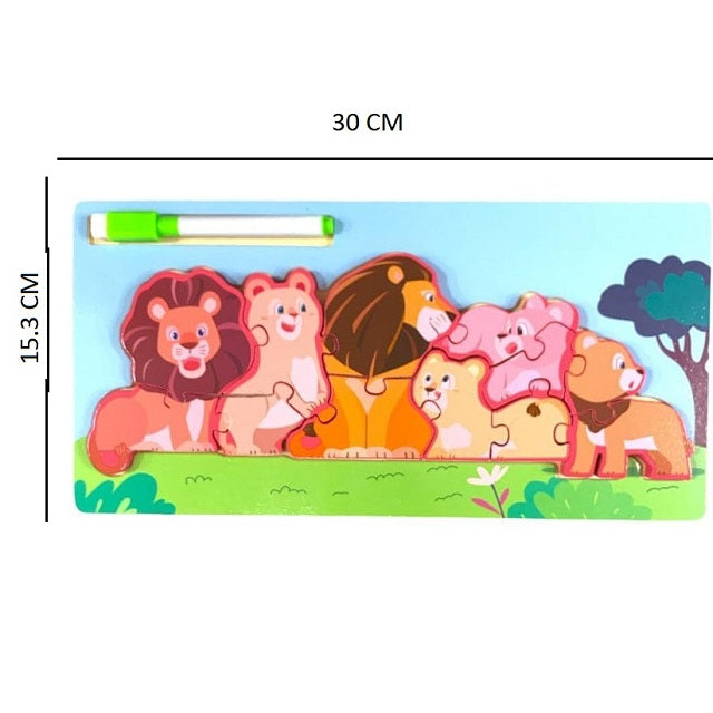 Wooden Lion Family Jigsaw Puzzle Sorting & Drawing Board