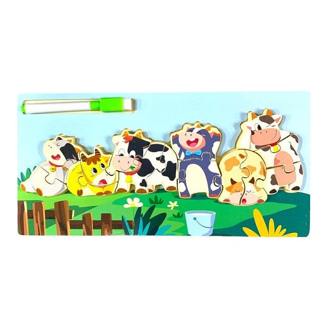 Wooden Cow Family Jigsaw Puzzle Sorting & Drawing Board