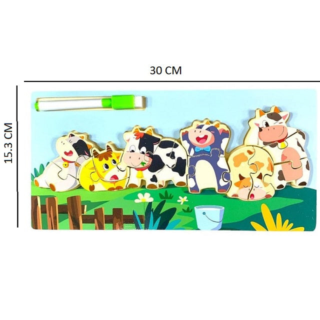 Wooden Cow Family Jigsaw Puzzle Sorting & Drawing Board