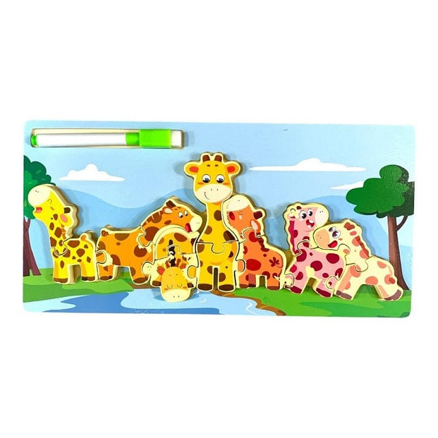 Wooden Giraffe Family Jigsaw Puzzle Sorting & Drawing Board