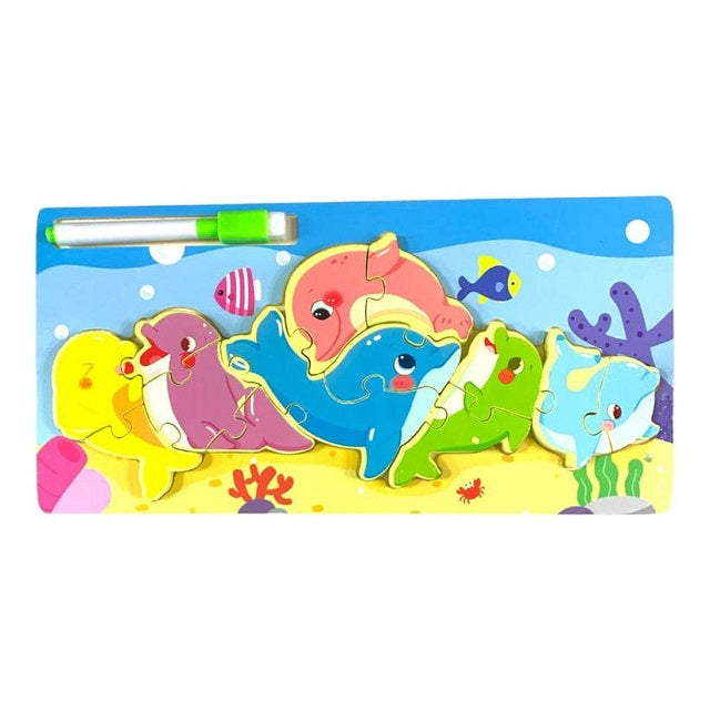 Wooden Dolphin Family Jigsaw Puzzle Sorting & Drawing Board