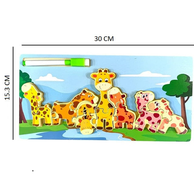 Wooden Giraffe Family Jigsaw Puzzle Sorting & Drawing Board