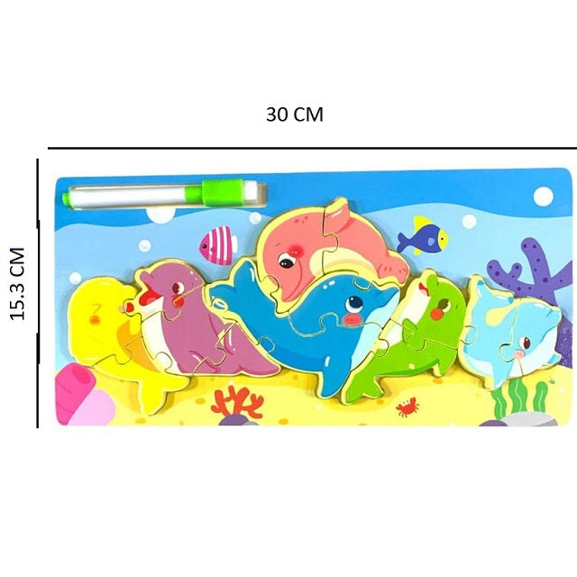 Wooden Dolphin Family Jigsaw Puzzle Sorting & Drawing Board