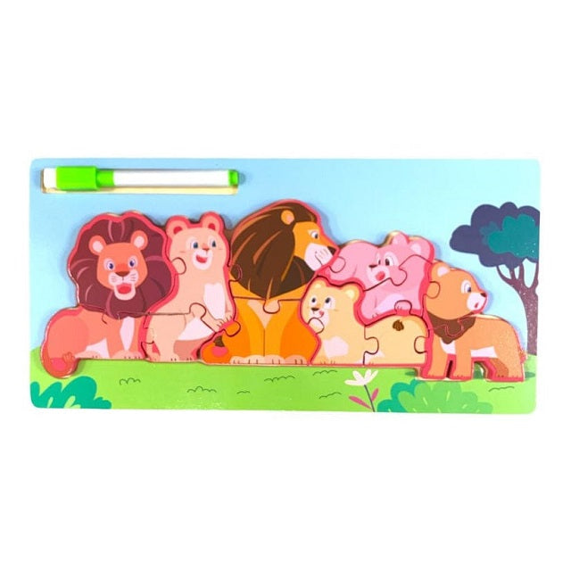 Wooden Lion Family Jigsaw Puzzle Sorting & Drawing Board