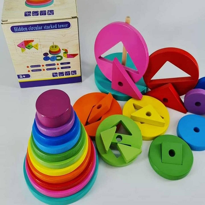 Wooden Rainbow Hidden Circular Stacking Tower Educational Toy