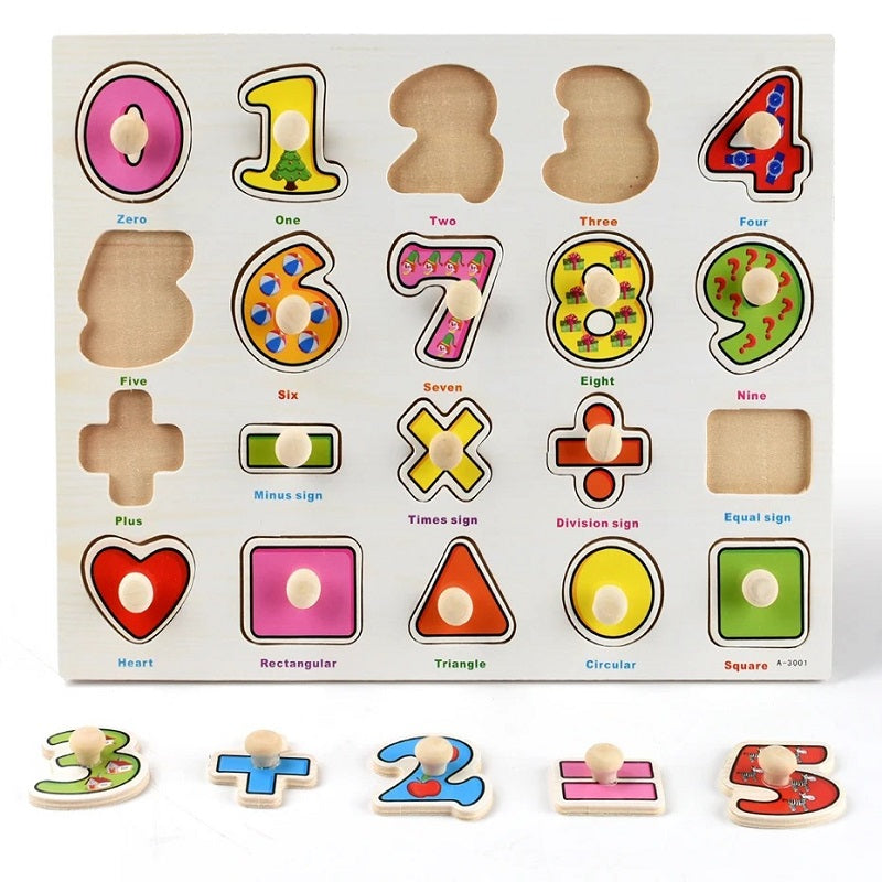 Wooden 0-9 With Shapes & Sign Drawing & Sorting Peg Puzzle Knob Board