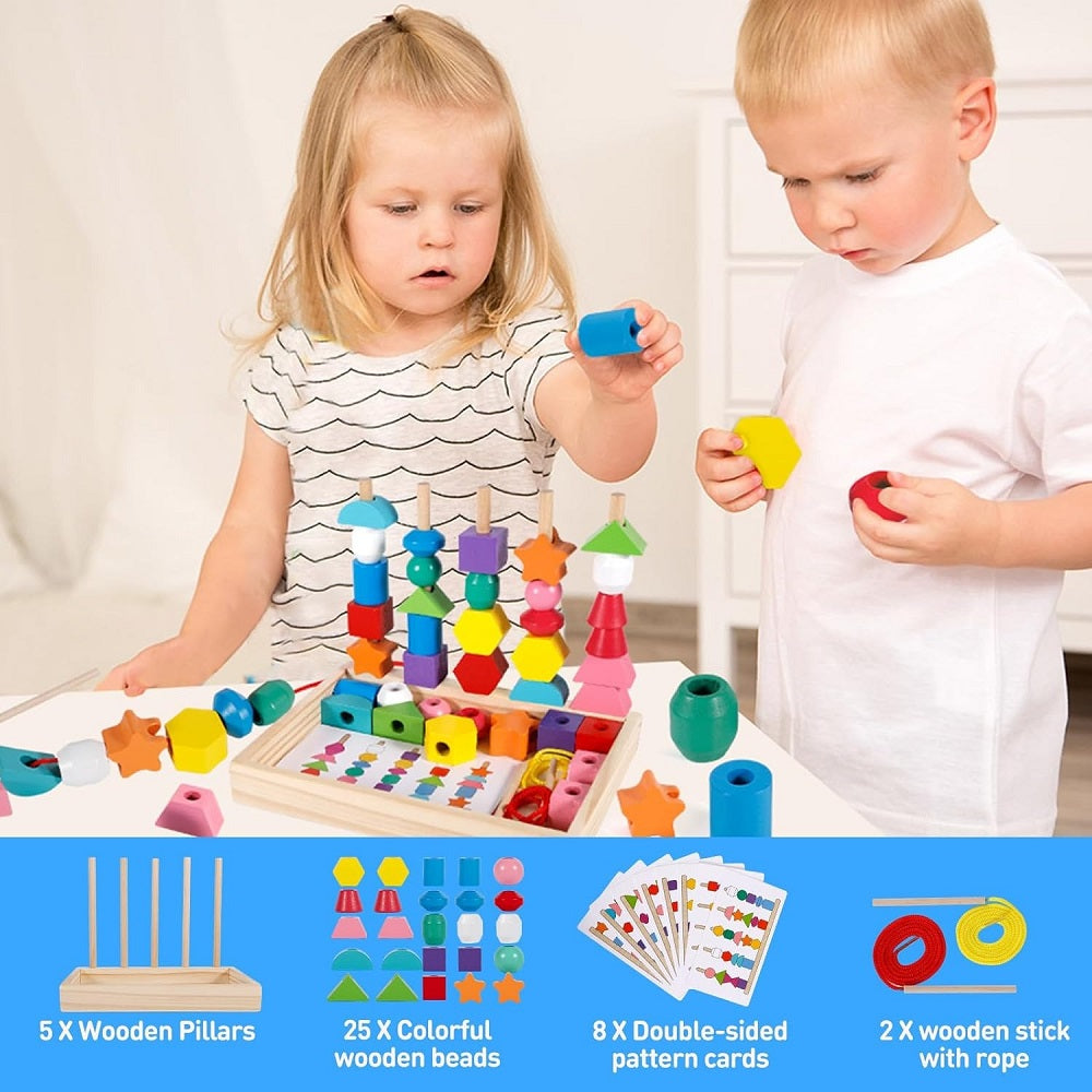 Wooden Montessori Five Set Of Column Beaded Boxes & Colour Matching