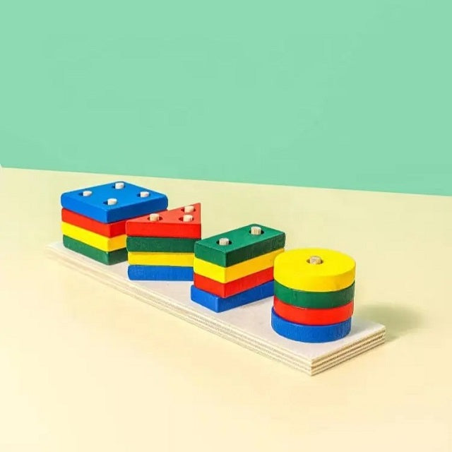 Wooden Rectangle 4 Multicolor Geometric Shapes Sorting & Stacking Toy ...