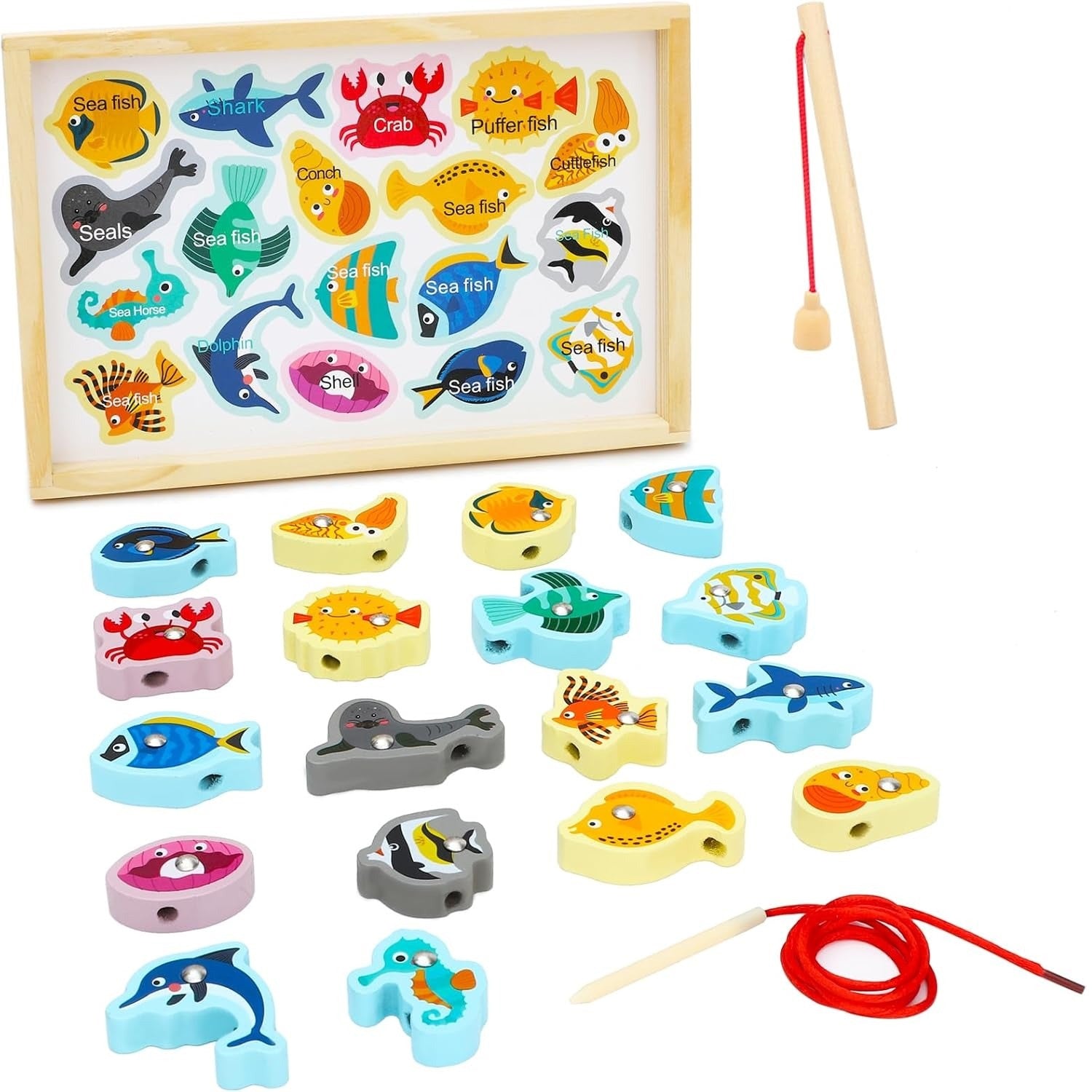 Wooden Magnetic Sea Animals Fishing & Threading Educational Activity