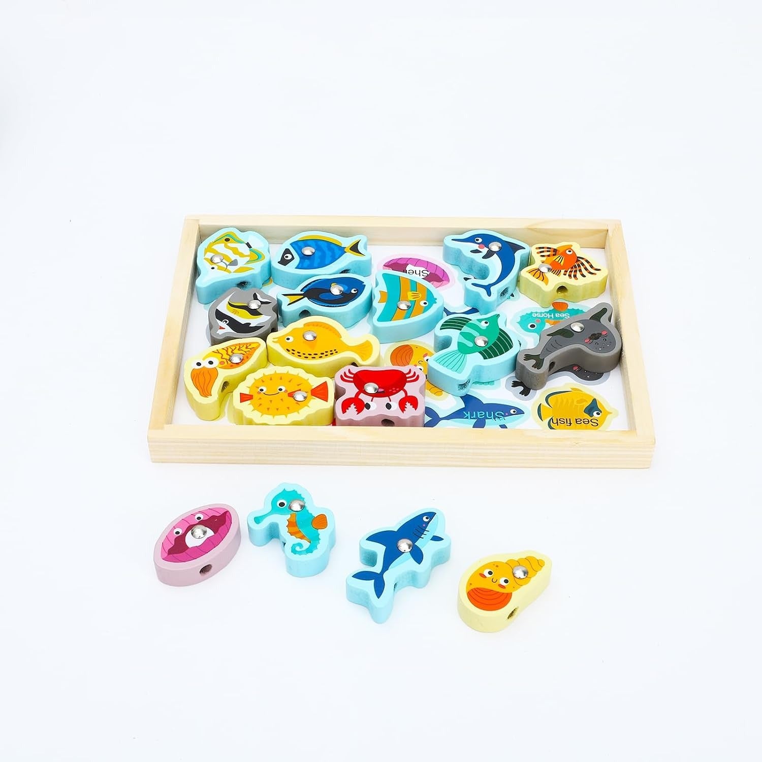 Wooden Magnetic Sea Animals Fishing & Threading Educational Activity