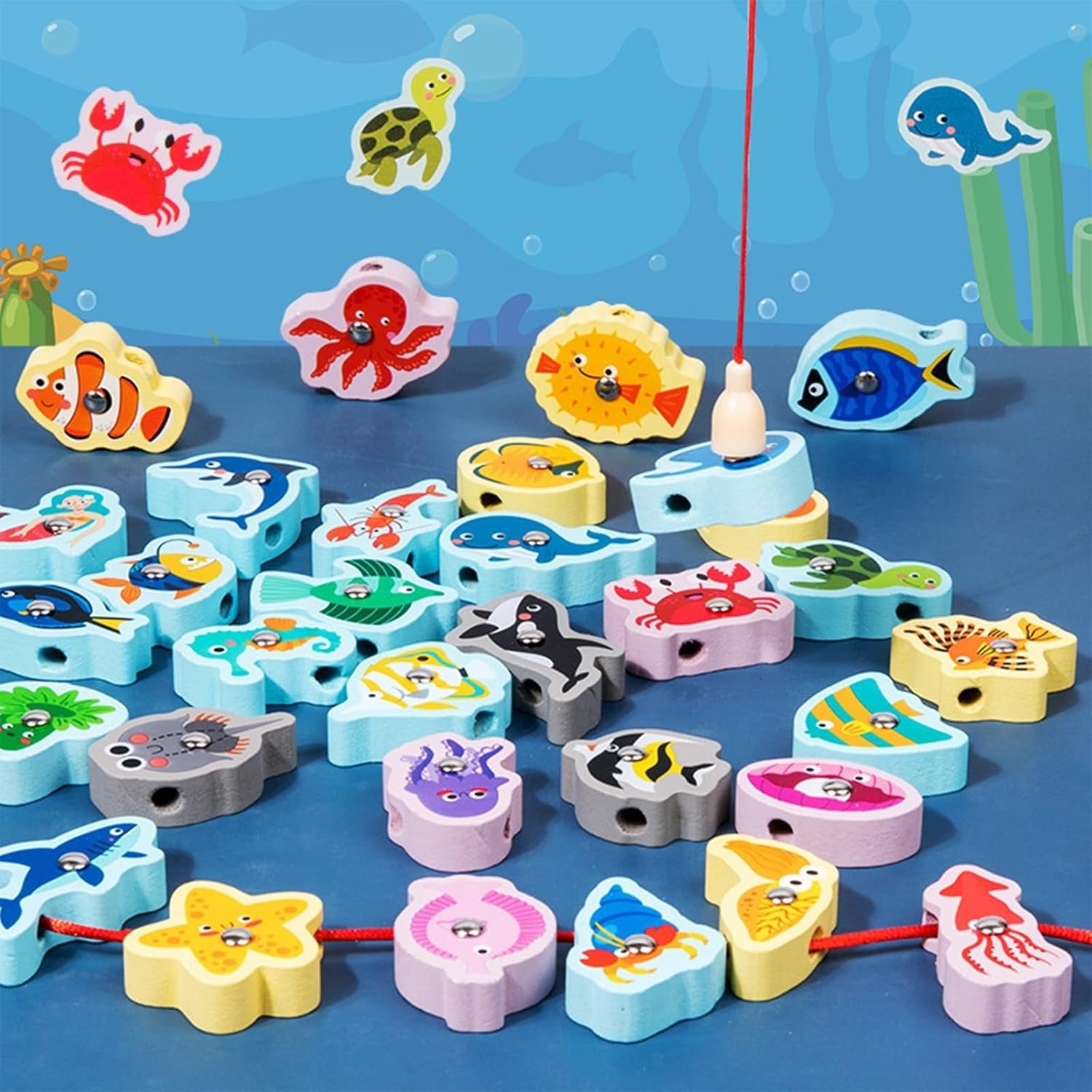 Wooden Magnetic Sea Animals Fishing & Threading Educational Activity