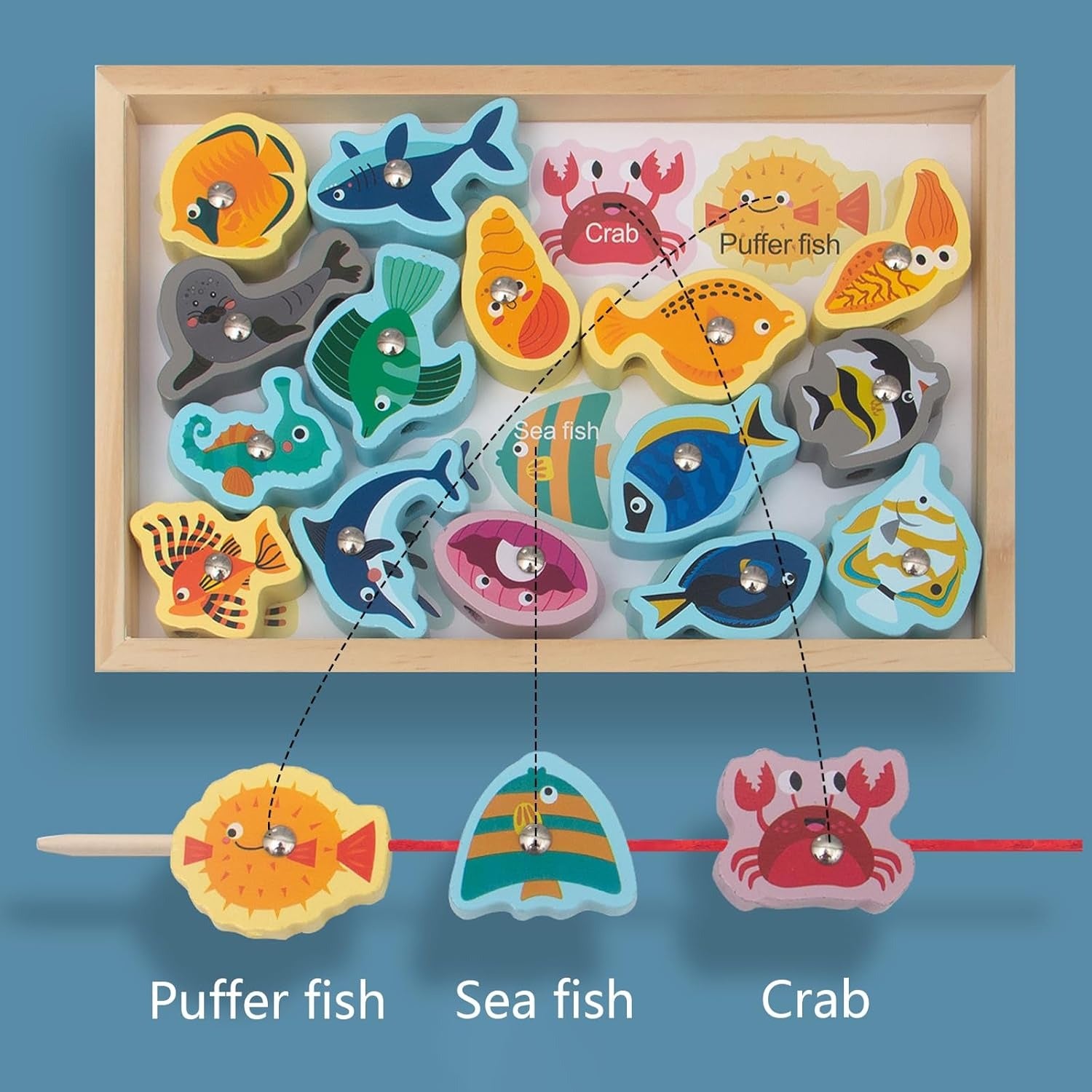 Wooden Magnetic Sea Animals Fishing & Threading Educational Activity