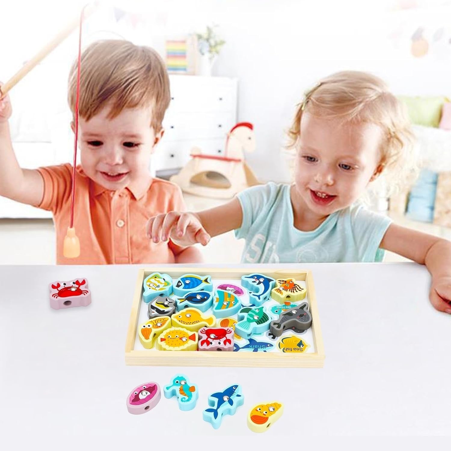 Wooden Magnetic Sea Animals Fishing & Threading Educational Activity ...