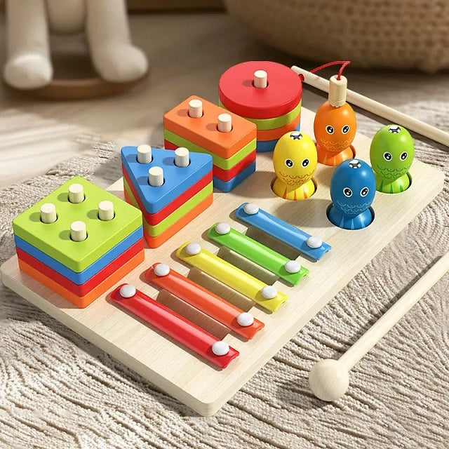 Wooden Multicolour Geometric Shape Stacking & Fishing Game With Xylophone