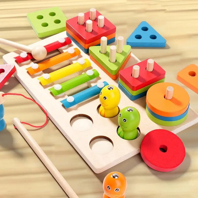 Wooden Multicolour Geometric Shape Stacking & Fishing Game With Xylophone