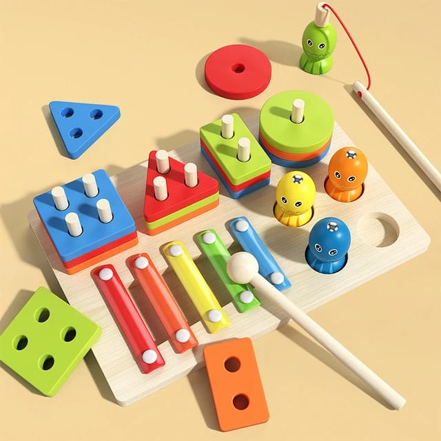 Wooden Multicolour Geometric Shape Stacking & Fishing Game With Xylophone