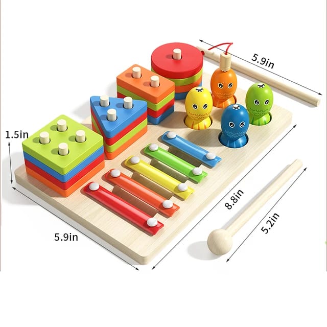 Wooden Multicolour Geometric Shape Stacking & Fishing Game With Xylophone